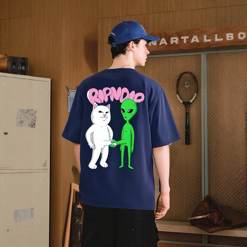 Ripndip American Trendy Brand Middle Finger Cat Prank Handshake Alien Skateboard Short-Sleeve T-Shirt for Men and Women, Couple Style