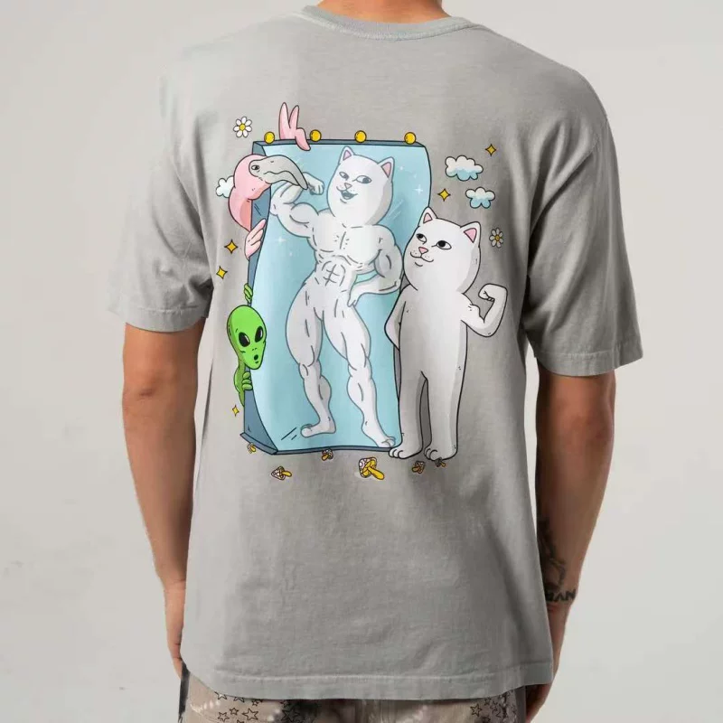 Американская модная футболка RIPNDIP с короткими рукавами и изображением среднего пальца, для мужчин и женщин, пары, зеркальные отражения, красивый мужчина и кот MAGIC MIRROR