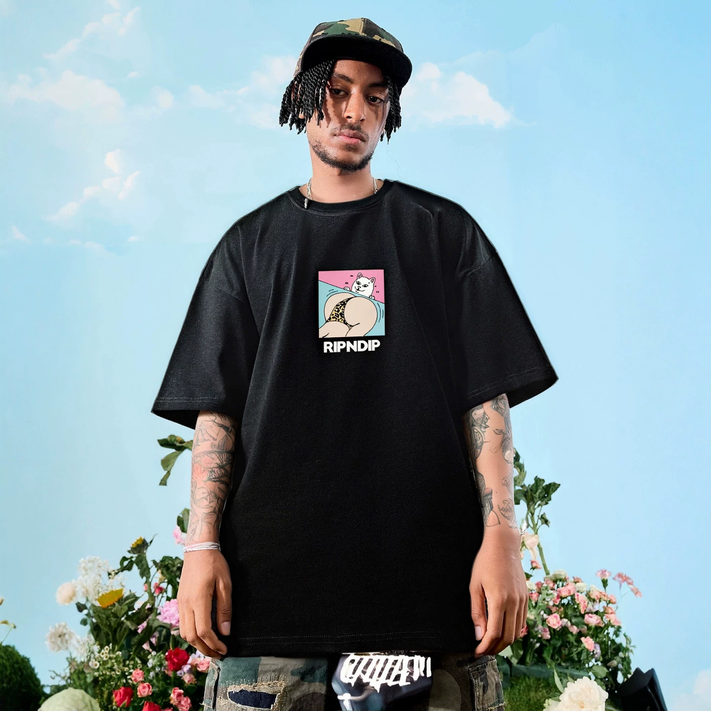 Футболка с коротким рукавом RIPNDIP Middle Finger Cat American Cotton Spoof PEACHES Peaches and Cats для мужчин и женщин, пара