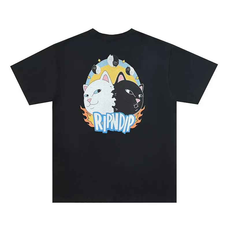 RIPNDIP футболка унисекс: маленький кот средней длины палец, европейско-американский стиль, рассказ о двойной голове кота, принт на круглом вороте, свободный крой