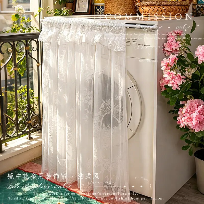 Free Telescopic Rod】Double-Layer Lace Embroidered Washing Machine Sunshade Curtain, Multi-Purpose Cover-Up Curtain, Cabinet Decorative Curtain, Dustproof Curtain