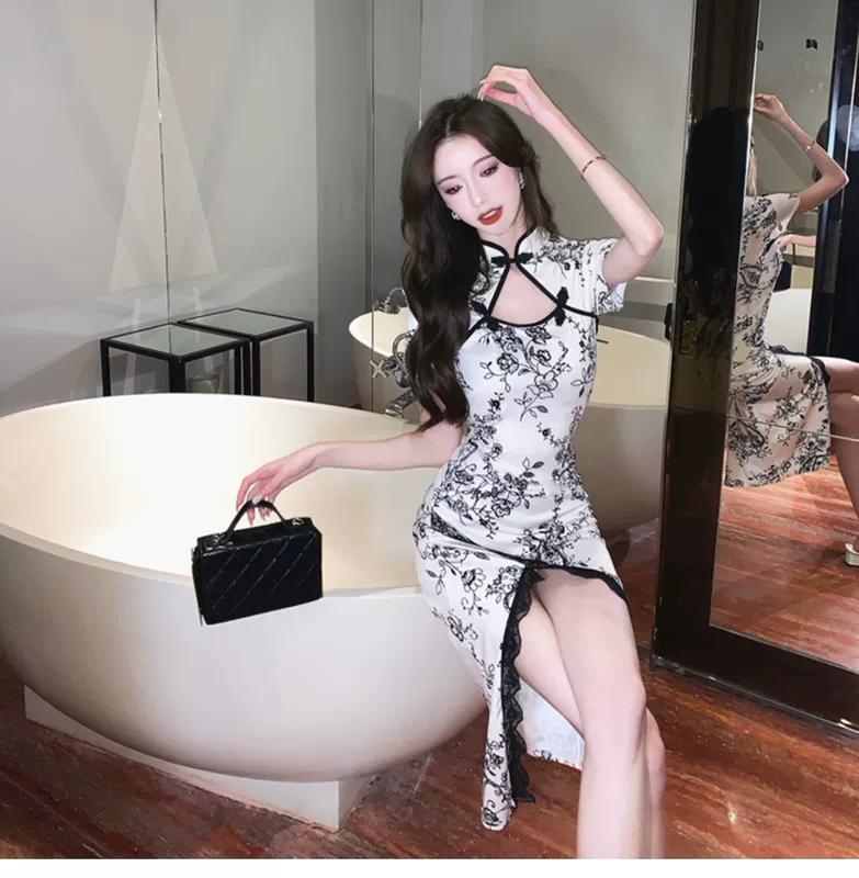 Váy sườn xám cải tiến phong cách Trung Hoa trẻ trung dành cho nữ mùa hè gợi cảm giảm béo rỗng ren xẻ hông váy dài sườn xám dài sườn xám caro