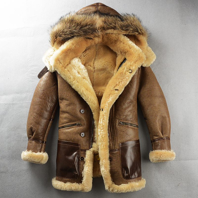 Heartwarming and Lovingly Crafted Imported Natural Sheepskin Integrated Mid-Length Jacket for Men with Multiple Pockets, Thick Long-Haired Fur Coat