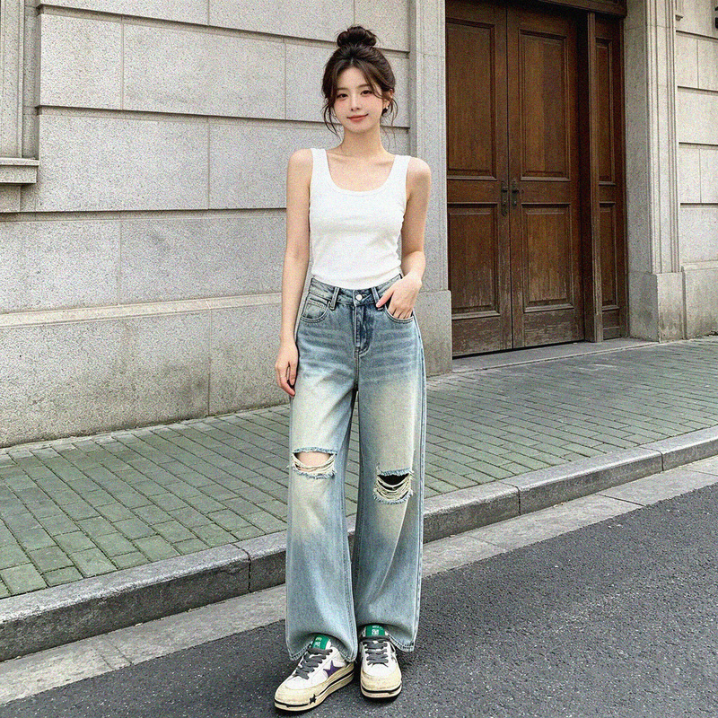American Retro Distressed Ripped Blue Straight-Leg Jeans for Women, Low-Waisted, Loose, Slimming, Wide-Leg Casual Pants American Retro Distressed Ripped Blue Straight-Leg Jeans for Women, Low-Waisted, Loose, Slimming, Wide-Leg Casual Pants