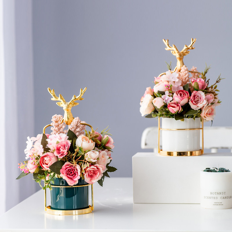 Light luxury dining table flower tea table green plant dried flower art potted flower ornament fake flower living room decoration table flower