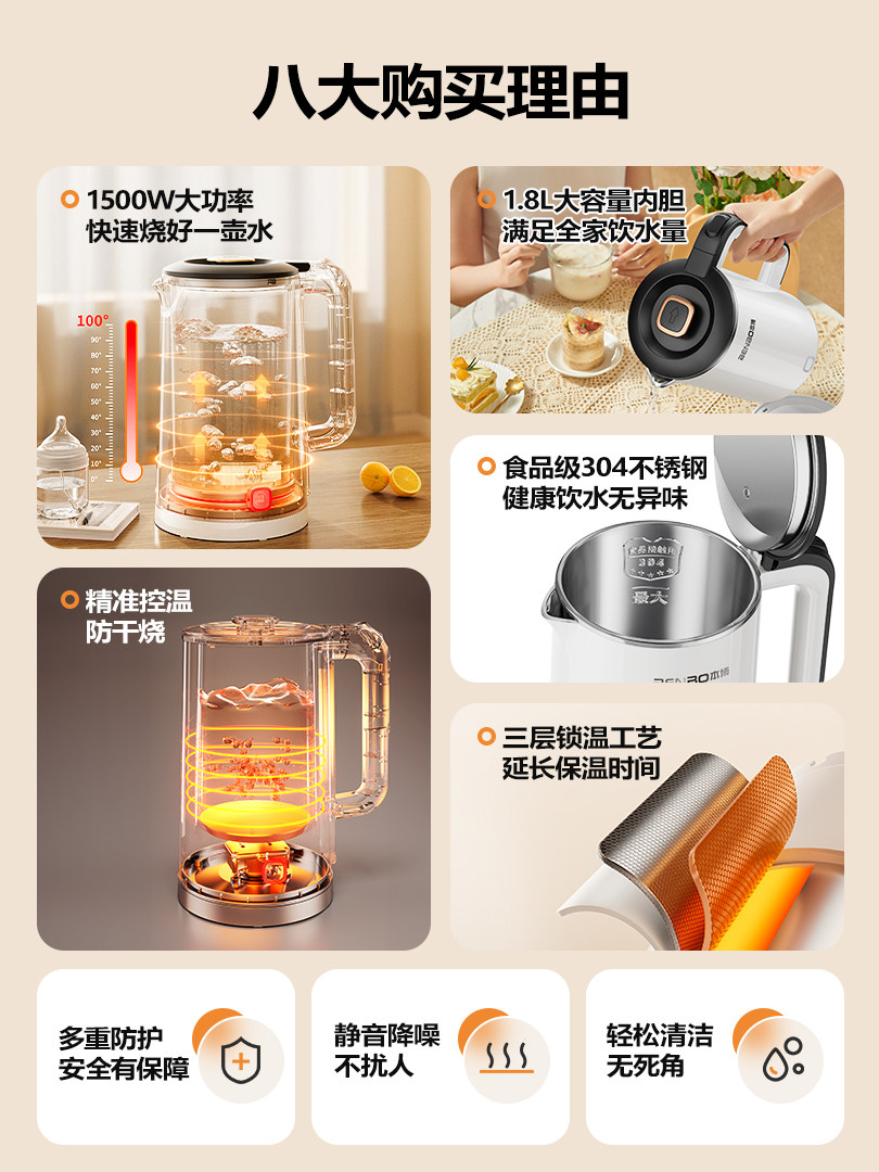 Co-Branded German Benbo Electric Kettle for Home Use, Stainless Steel Insulated Integrated Kettle, 2025 New Model Water Boiler