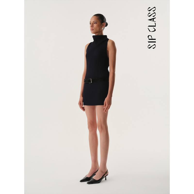 Sip Class Designer Brand Navy Blue Turtleneck Sleeveless Knitted Dress Slim Fit Hip-Hugging Short Skirt Sip Class Designer Brand Navy Blue Turtleneck Sleeveless Knitted Dress Slim Fit Hip-Hugging Short Skirt