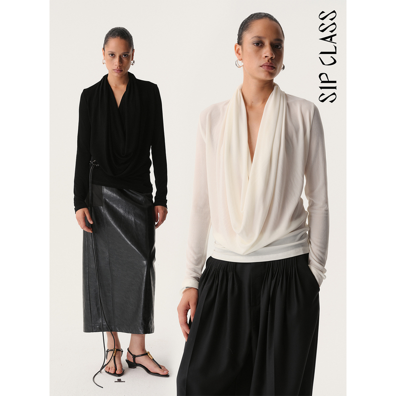 Sip Class Designer Brand Acetate Wide-Neck Long-Sleeve Knit Top Autumn Layered Drape V-Neck Base Shirt Sip Class Designer Brand Acetate Wide-Neck Long-Sleeve Knit Top Autumn Layered Drape V-Neck Base Shirt