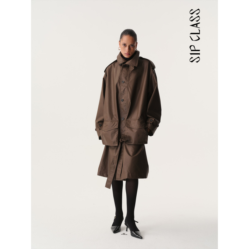 Sip Class Designer Brand Brown Large Pocket Mid-Length Coated Trench Coat Autumn Relaxed Silhouette Jacket