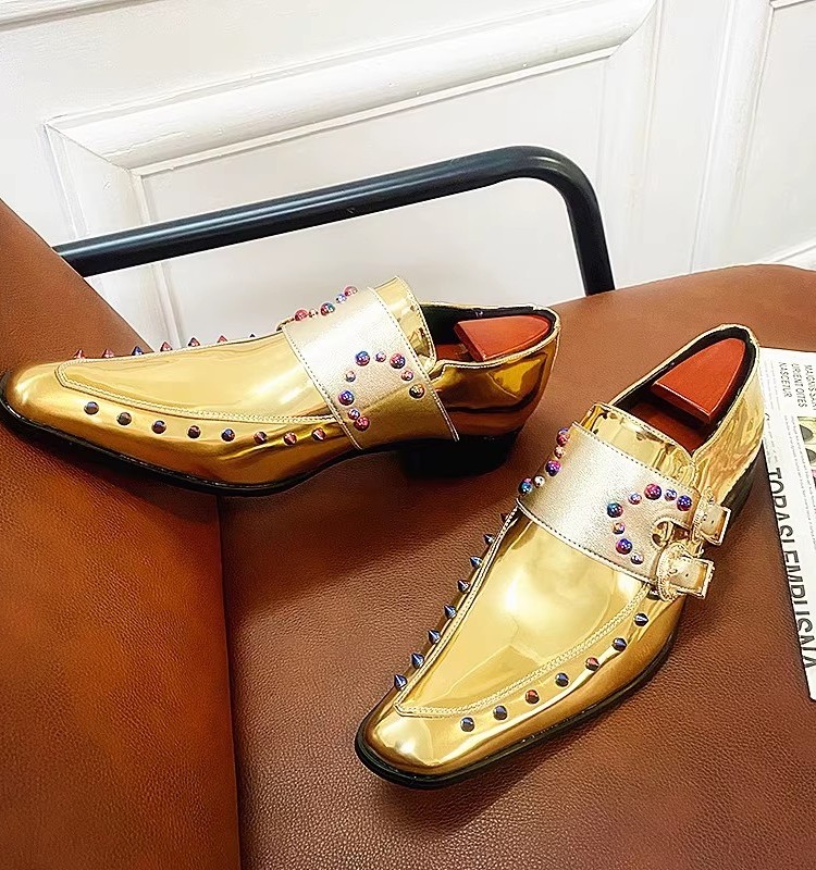 Blue Enchantress Chelsea Shoes for Men, Soft-Soled Gold Pointed Leather Shoes, Internet Celebrity Leather Shoes, Tiktok Internet Celebrity Gold Combat Boots