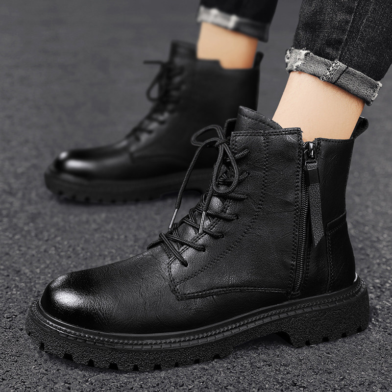 Men's Martin Boots, Autumn High-Top British Style Genuine Leather Casual Boots, Height-Increasing Black Workwear Motorcycle Short Boots