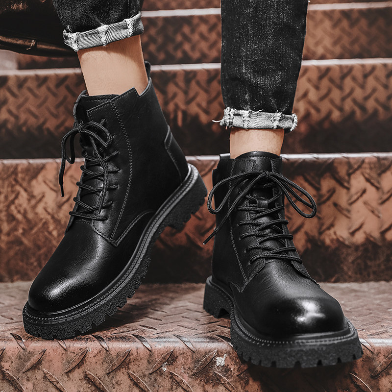 Men's Martin Boots, Autumn High-Top British Style Genuine Leather Casual Boots, Height-Increasing Black Workwear Motorcycle Short Boots