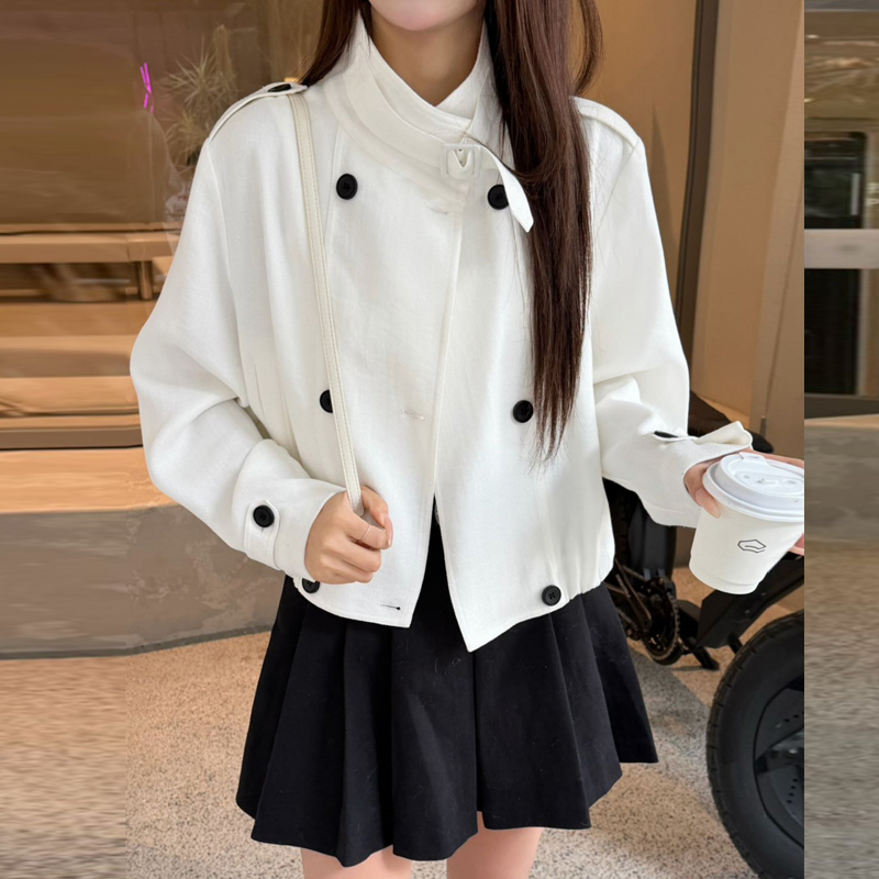 Jin Xili Thin White Stand-Up Collar Heavy Linen Jacket Short Coat for Women 2026 Spring New Color-Blocked Top