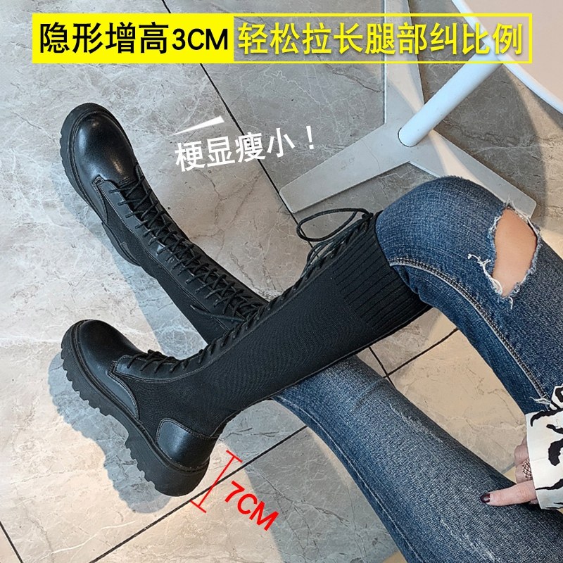 Elastic boots women's inner heightening boots women's spring and autumn high-barrel riding boots mid-barrel Martin boots 2021 new