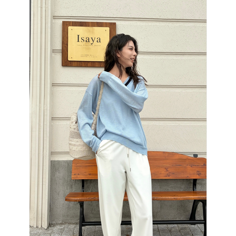 Nana Tall D&Mx Early Spring Color-Block V-Neck Knitted Sweater for Women, Loose Fit, Slimming, Simple Artistic Style Sweater 26192