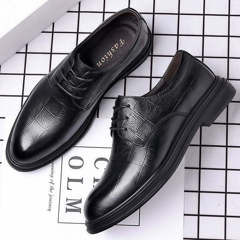 Autumn Derby Leather Shoes for Men, Genuine Leather, Soft Sole, Business Formal Wear, Casual Thick Sole, Height-Increasing, British Style, Black Groom Wedding Shoes