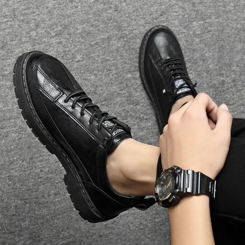 Summer Korean Style Trendy Casual Leather Shoes for Men, British Style Black Chef Shoes, Waterproof, Non-Slip, Oil-Proof, Low-Top Work Shoes for Men