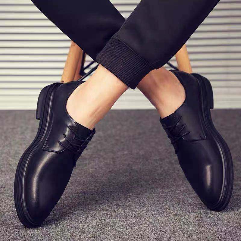 Autumn British Style Men's Leather Shoes, Genuine Leather, Soft Leather, Business Formal Wear, Soft Sole, Pointed Toe, Casual Thick Sole, Height-Increasing Wedding Groom Shoes
