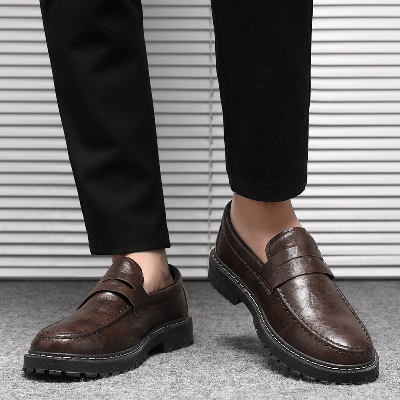 Autumn Leather Shoes for Men, Business Formal Low-Top Loafers, Slip-On Moccasins, Round-Toe Thick-Soled Casual Trendy Shoes