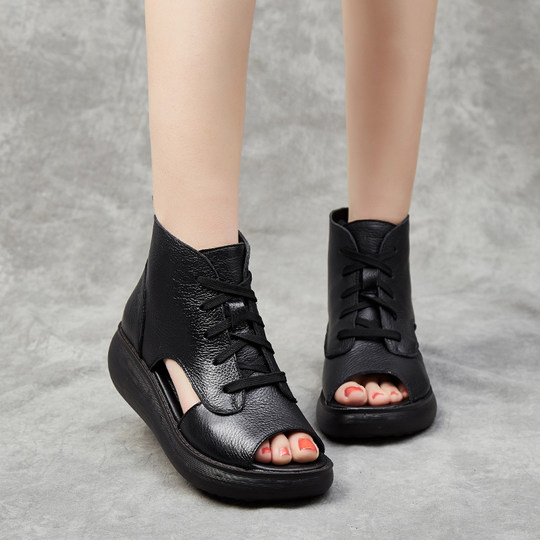 头层牛皮女鞋夏季新款凉靴露趾厚底松糕跟系带女靴韩版时装靴