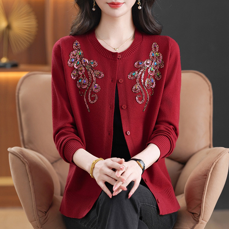 Middle-Aged and Elderly Women's Autumn and Winter Knit Cardigan, Stylish Sweater Coat with Heavy Embroidery, Wool Sweater for Moms