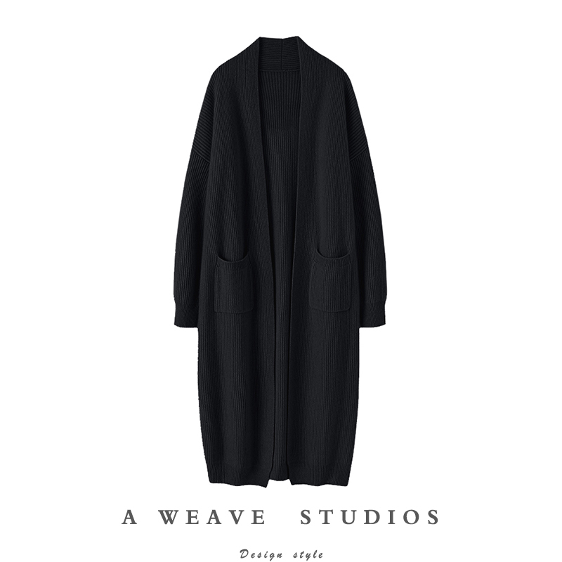 Heavyweight, Elegant, Casual, Simple, Thick Pure Cashmere Knit Cardigan for Women, Mid-Length Sweater, Large Coat, Over-The-Knee
