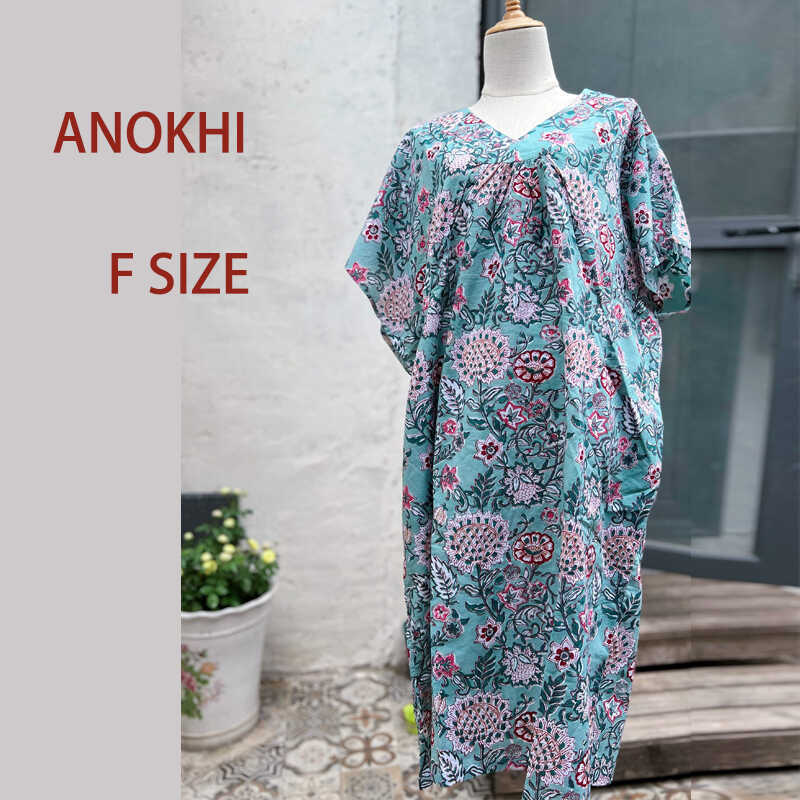 New Arrival Anokhi Pure Cotton Short Kaftan Hand-Printed Robe Dress Loose-Fitting Artistic Travel