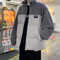 Colorblock cashmere coat men 2021 new winter thick cotton coat ins trend Stand Collar Cotton loose Leisure