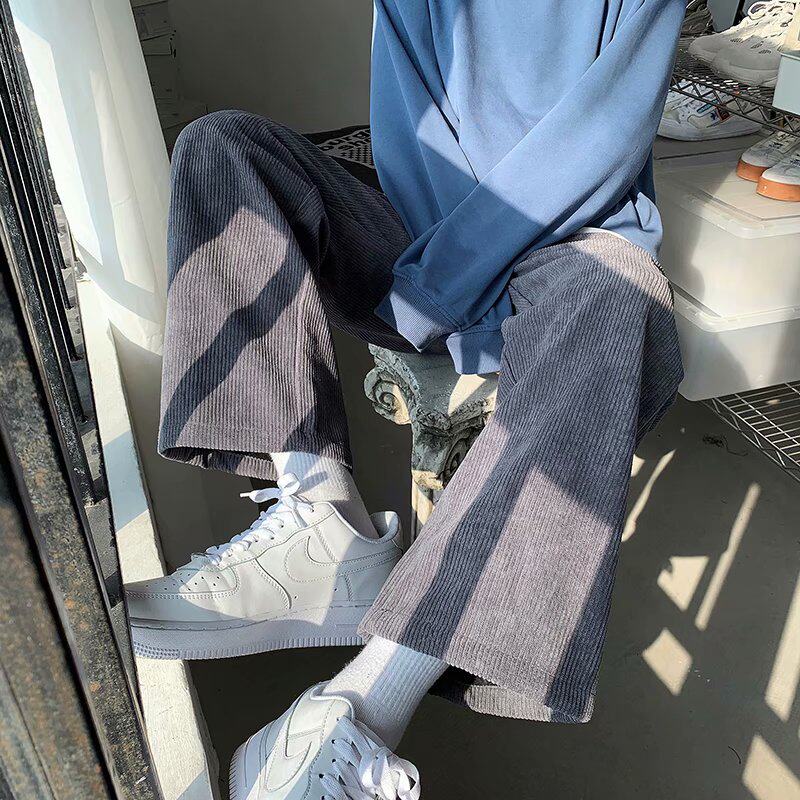 Corduroy pants men's spring and autumn winter plus velvet thickened high street tide brand ins straight casual wide-leg students nine points