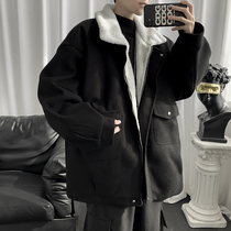 Woolen coat short coat mens winter lamb velvet Spring Autumn plus velvet thickened fleece trend winter