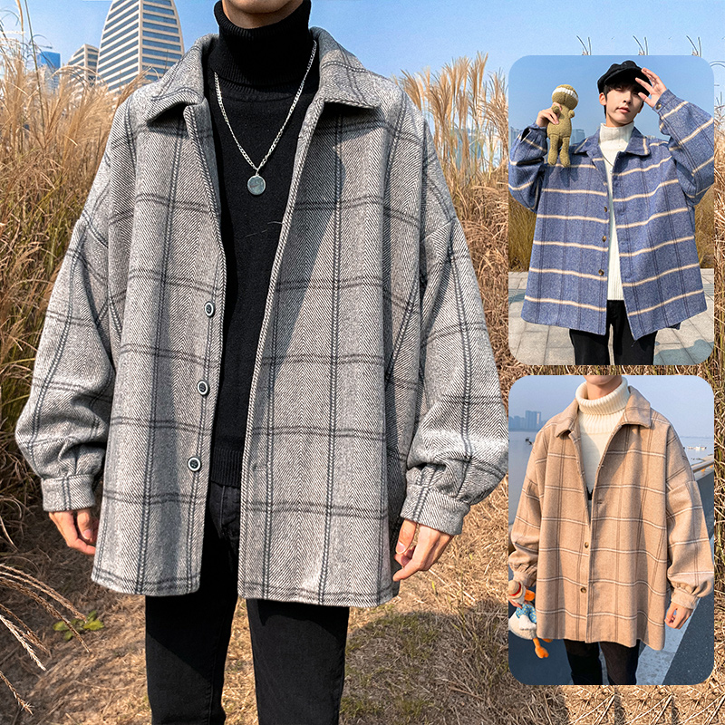 Plaid wool coat men's spring and autumn models in the long wind coat jacket Korean version of the trend clothes 2021 new wild