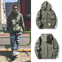 Autumn and winter New Yu Wenle same style Hong Kong style fashion brand casual hooded tooling jacket mens washed multi-pocket jacket