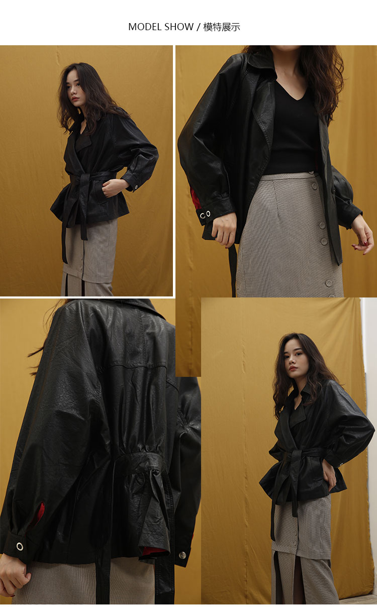 Uta đen slim chic ngắn áo khoác mùa thu và mùa đông mới tie eo BF dài tay áo slim PU leather jacket nữ ao khoac da nu