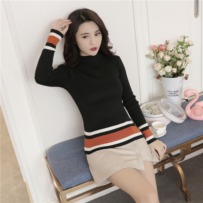 Áo len sọc trắng đen của phụ nữ áo len rộng của Hàn Quốc Áo sơ mi dài tay mỏng mùa xuân hoang dã - Vòng cổ áo len các kiểu áo len