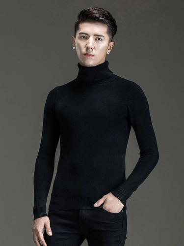 Мужской черный цветной демисезонный базовый шерстяной утепленный трикотажный кашемировый свитер, облегающий крой