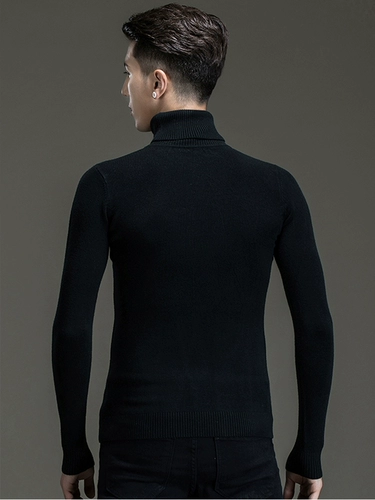 Мужской черный цветной демисезонный базовый шерстяной утепленный трикотажный кашемировый свитер, облегающий крой
