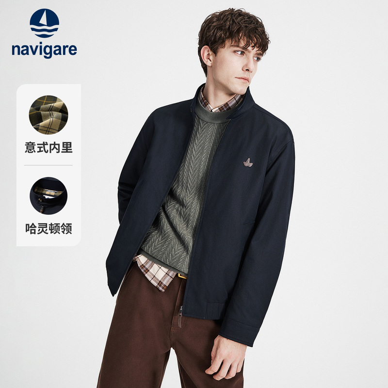 Navigare Small Sailboat Navy Blue Harrington Collar Jacket Men's 2026 Autumn Retro Casual Jacket Top Navigare Small Sailboat Navy Blue Harrington Collar Jacket Men's 2026 Autumn Retro Casual Jacket Top