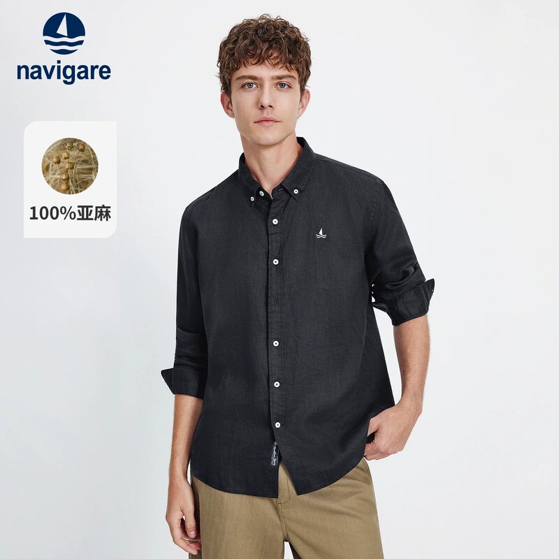 [100% Linen] Navigare Italian Small Sailing Ship Black Long-Sleeved Shirt for Men 2026 Autum Loose Shirt