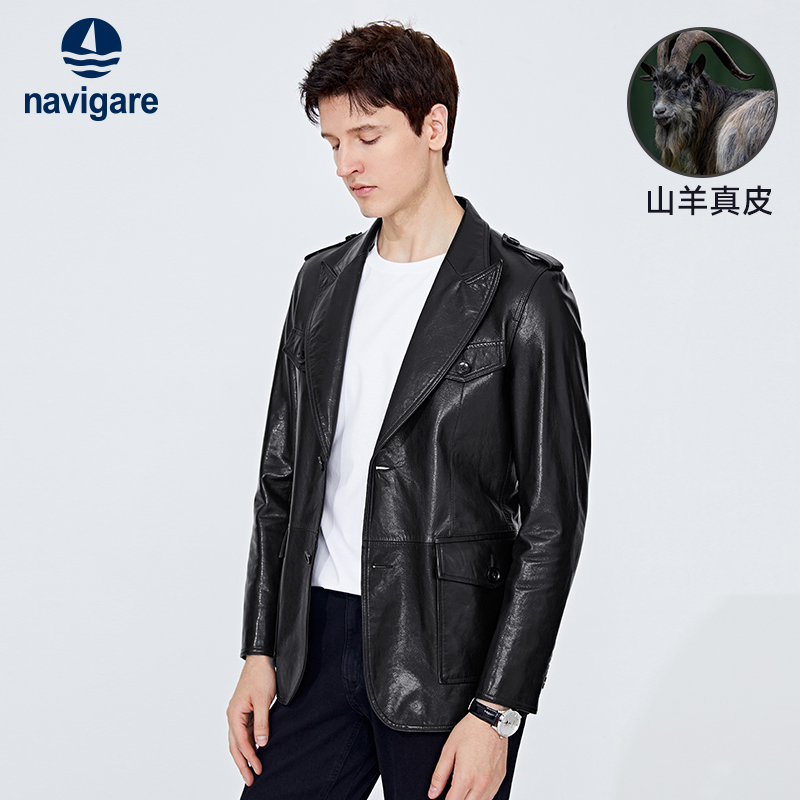 Mountain goat leather] Navigare Italy small sailing black hunting leather clothing men's autumn casual suits jacket-Taobao