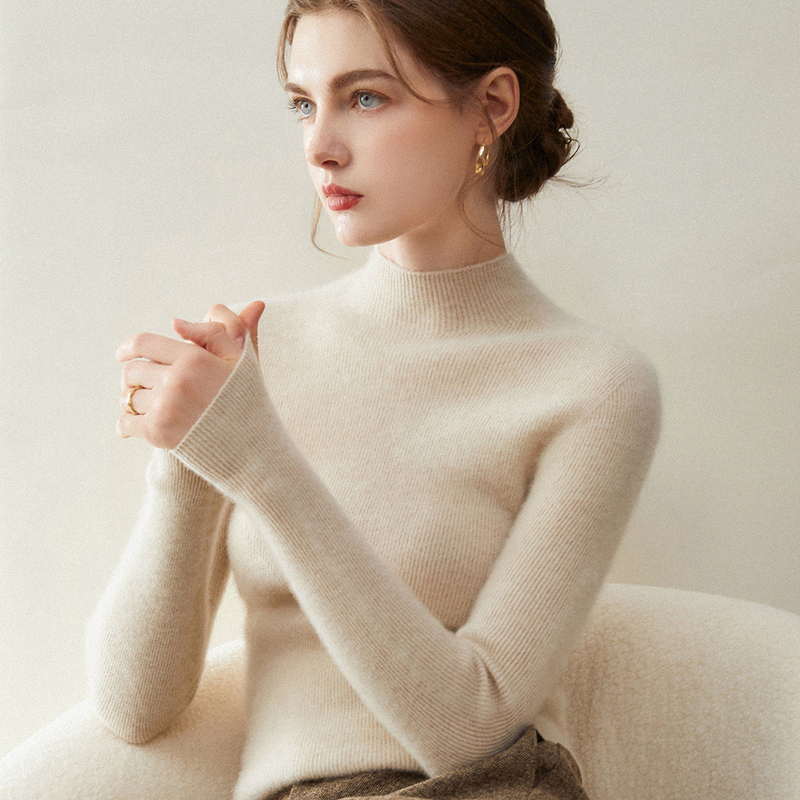 Machine Washable Seamless Half-Turtleneck 100% Pure Cashmere Sweater for Women, Slim Fit White Sweater, Autumn and Winter Wool Base Layer