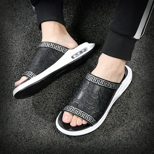 Летние тапочки, мужские трендовые слайдеры, нескользящий кушон, 2020, из натуральной кожи, мягкая подошва