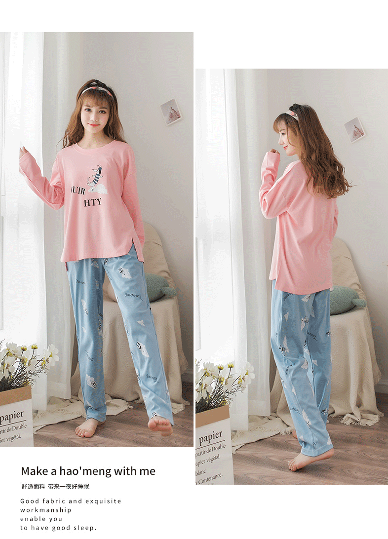 Phiên bản Hàn Quốc của đồ ngủ nữ mùa xuân và mùa thu cotton dài tay phù hợp với phim hoạt hình dễ thương cô gái lỏng lẻo dịch vụ nhà hai mảnh có thể được mặc đồ ngủ cao cấp