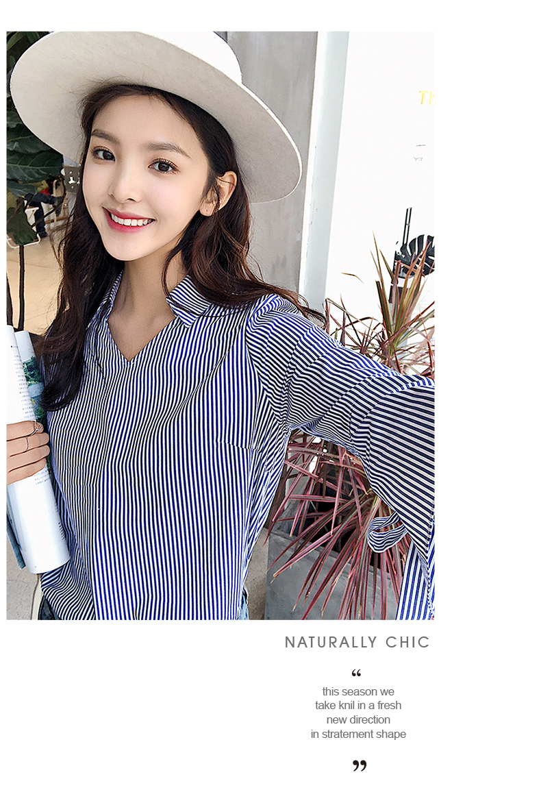 Xiao You Fan 2018 xuân mới tay áo kèn tay áo 7 điểm cổ chữ V lỏng Hàn Quốc áo sơ mi sọc trắng xanh nữ áo kiểu voan