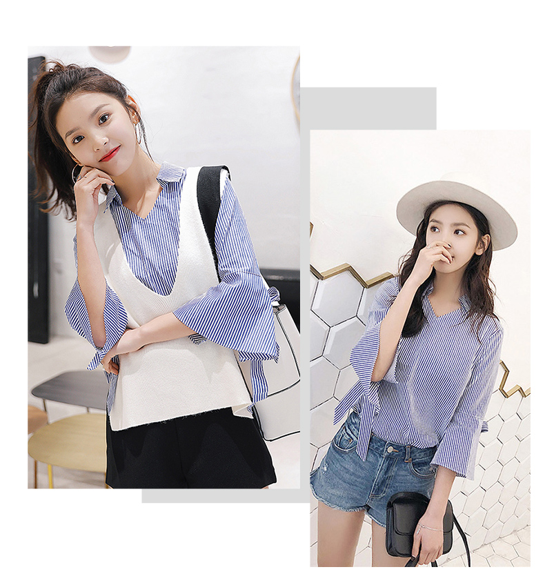 Xiao You Fan 2018 xuân mới tay áo kèn tay áo 7 điểm cổ chữ V lỏng Hàn Quốc áo sơ mi sọc trắng xanh nữ áo kiểu voan