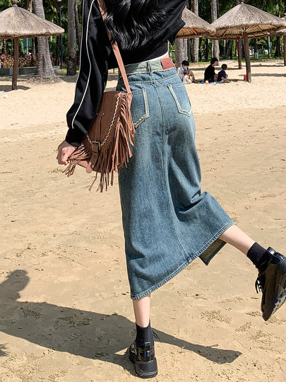 Spring temperament mid-length denim skirt for small women with pear-shaped figures slimming long skirts with drapey straight skirts