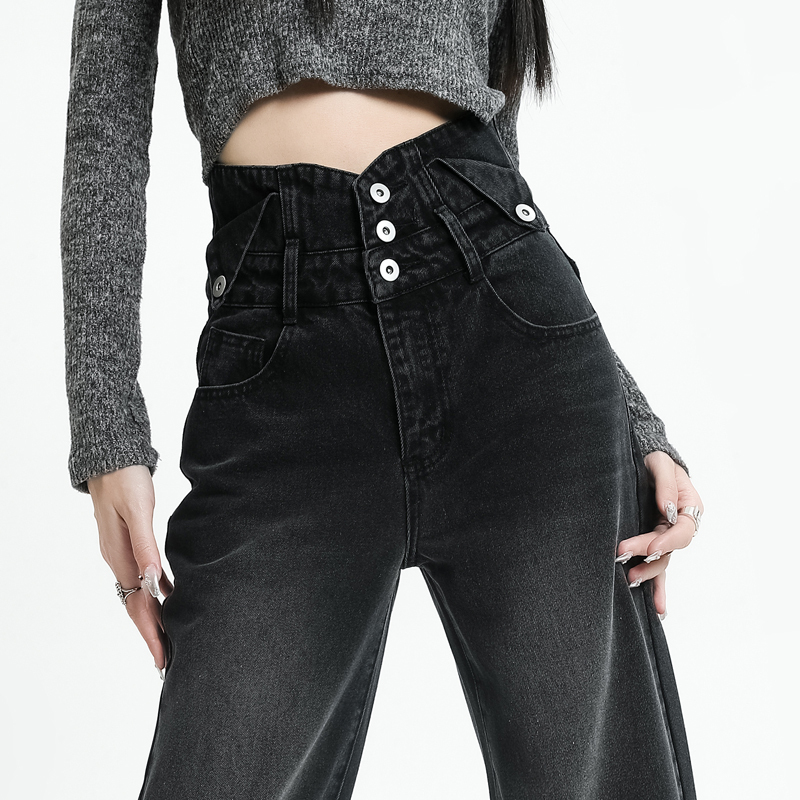 Autumn and Winter Stylish Black Jeans for Women 2025 New Slimming Wide-Leg Niche High-Waisted Tummy Control Pants Spring Wear