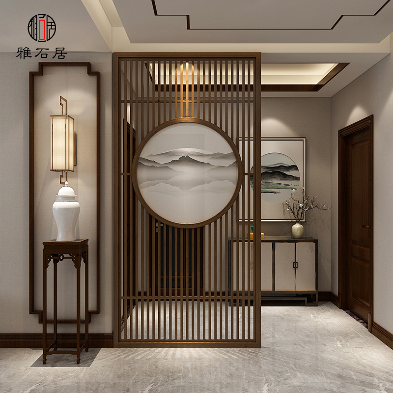 Elegant Stone Residence New Chinese Wood Grille Hollowed-out Solid Wood Screen Partition Wall Decoration Living Room Xuanguan Small Household Type Wooden Seat Screen