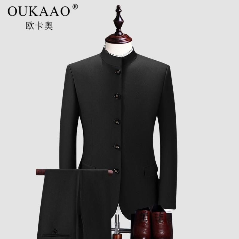 OUKAAO wool stand-up collar Nakayama suit for young men slim Chinese dress men solid color tweed Nakayama suit set