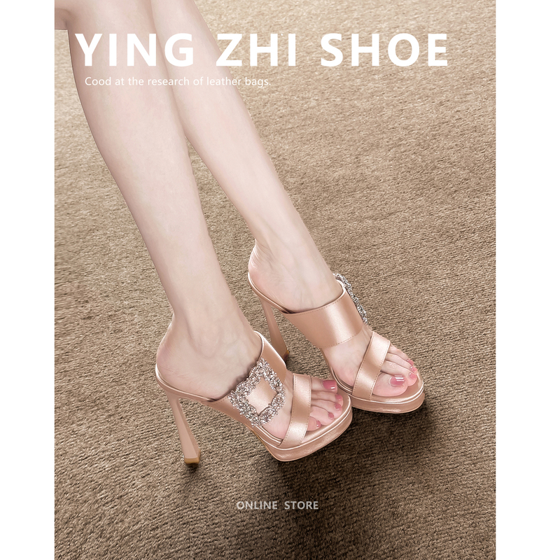 Satin Rhinestone Square Buckle High-Heeled Sandals for Women, Stiletto Heel, One-Strap, Summer Socialite Style, Thick-Soled Waterproof Platform High-Heeled Sandals