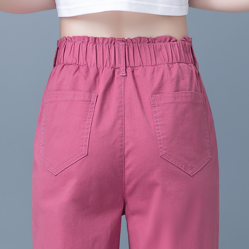Pink Women's Harem Pants, Summer Thin Style, Cropped Length for Petite Women, Elastic High Waist, Slimming Narrow Straight-Leg Pants